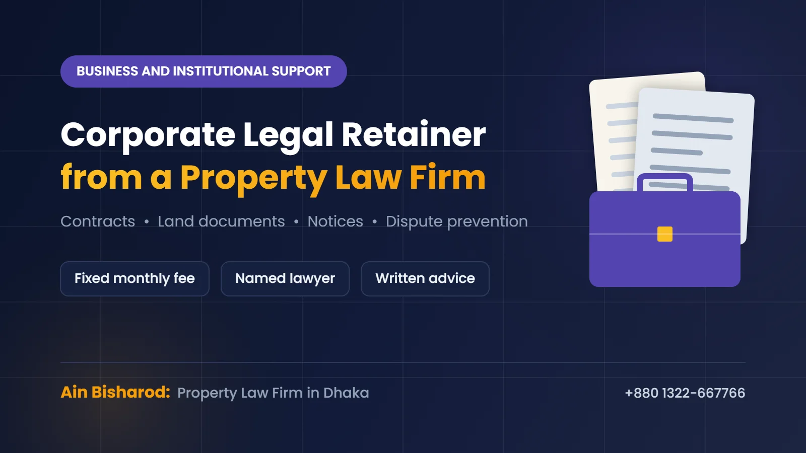 Corporate legal retainership for a property company in Dhaka with contracts and land files